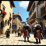 **A vibrant and bustling medieval Italian city within an MMORPG. Players clad in various armor types (knights, mages, merchants) fill the streets, interacting with each other. Focus on the detail of the architecture, the lively atmosphere, and diverse character customization options.**