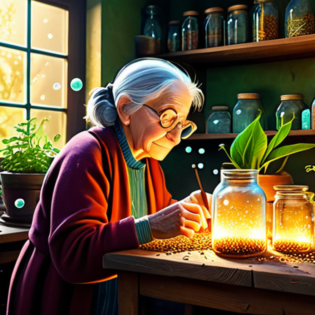 The Magical Garden Alchemist**

A cozy, cluttered workshop bathed in warm, golden light. An elderly woman, with kind eyes and wearing spectacles perched on her nose, meticulously works on a glowing plant. She's surrounded by bubbling beakers, strange seeds in labeled jars, and well-worn gardening tools. Focus on the fantastical plant emitting soft, colorful light and magical sparkles. Style: Illustration, whimsical, high-detail, perfect composition, warm color palette, fantasy art, safe for work, appropriate content, fully clothed, professional.

**