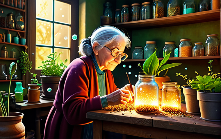 The Magical Garden Alchemist**
A cozy, cluttered workshop bathed in warm, golden light. An elderly woman, with kind eyes and wearing spectacles perched on her nose, meticulously works on a glowing plant. She's surrounded by bubbling beakers, strange seeds in labeled jars, and well-worn gardening tools. Focus on the fantastical plant emitting soft, colorful light and magical sparkles. Style: Illustration, whimsical, high-detail, perfect composition, warm color palette, fantasy art, safe for work, appropriate content, fully clothed, professional.
**