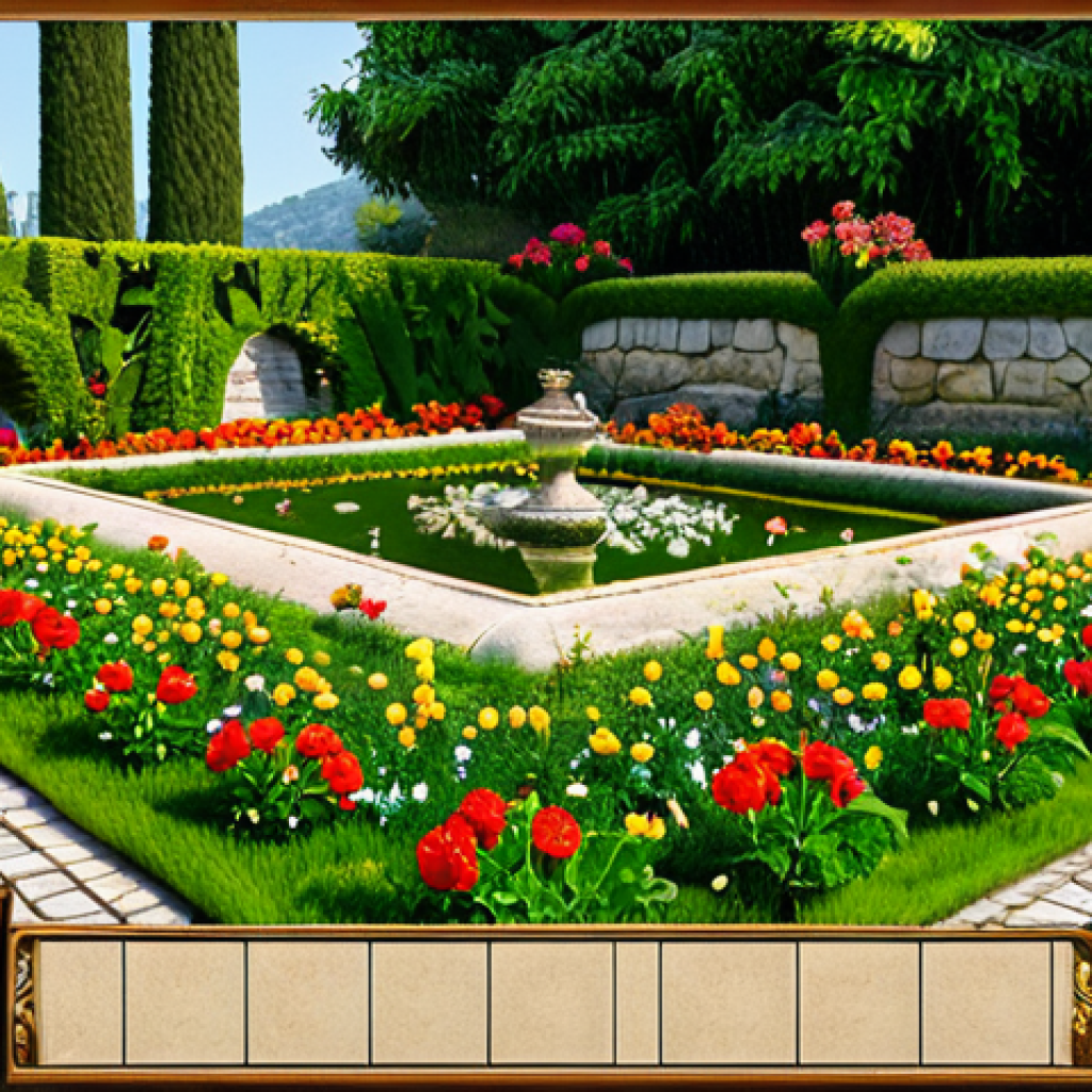 "A lush Italian garden with blooming flowers and a meticulously arranged puzzle game board in the foreground. Focus on vibrant colors and intricate details, symbolizing resource management in Gardenscapes. Safe for work, appropriate content, fully clothed, professional, natural proportions, perfect anatomy."