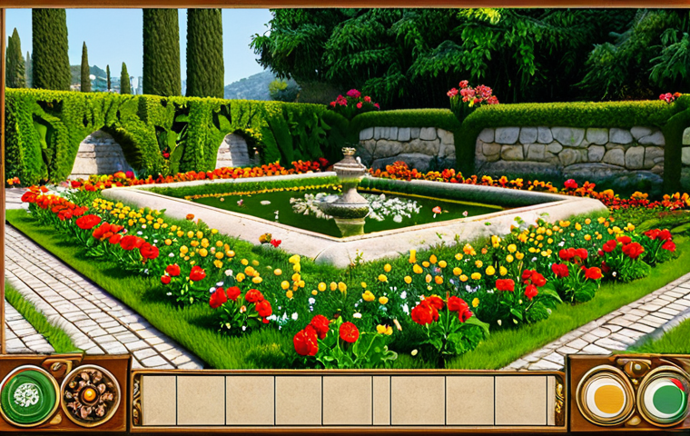 "A lush Italian garden with blooming flowers and a meticulously arranged puzzle game board in the foreground. Focus on vibrant colors and intricate details, symbolizing resource management in Gardenscapes. Safe for work, appropriate content, fully clothed, professional, natural proportions, perfect anatomy."