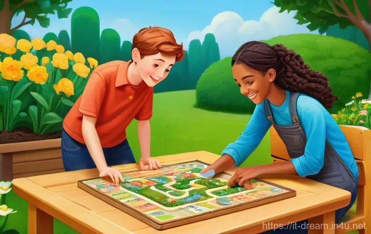 꿈의정원 협동 모드 꿀팁 - **Prompt:** "A vibrant illustration of a diverse group of three Gardenscapes players, two adults and...