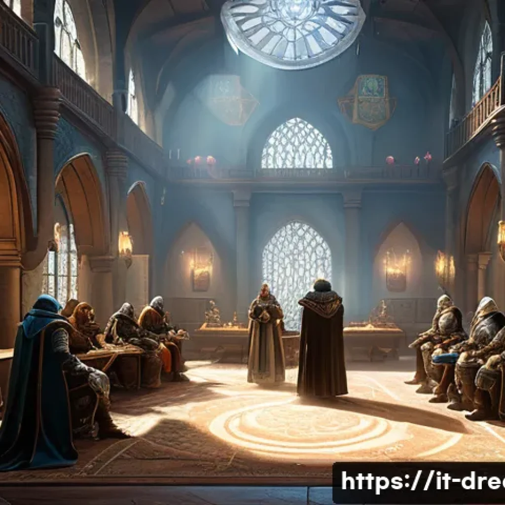꿈의정원 길드원 간 보상 분배 - A dynamic fantasy guild meeting scene inside a grand medieval hall, featuring diverse characters in ...