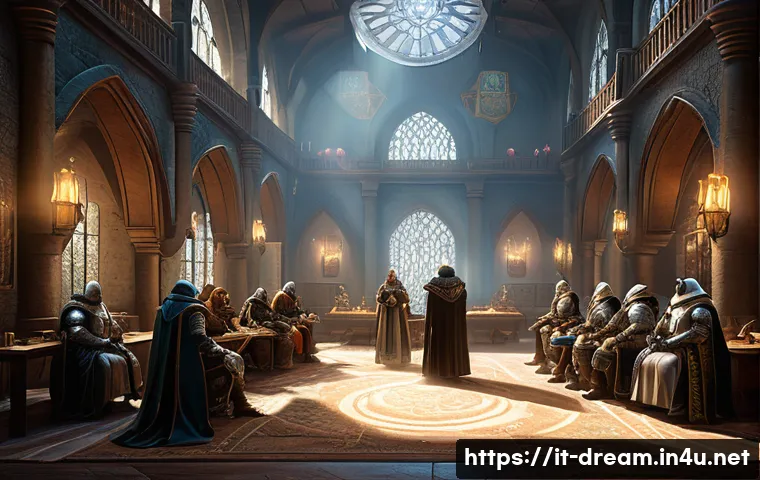 꿈의정원 길드원 간 보상 분배 - A dynamic fantasy guild meeting scene inside a grand medieval hall, featuring diverse characters in ...