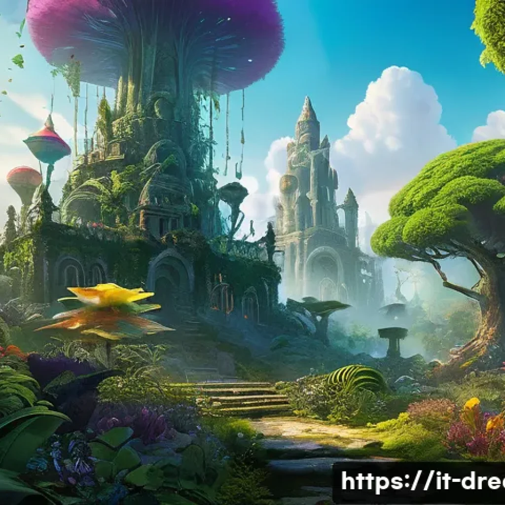 꿈의정원 사냥터 효율 정리 - A vibrant fantasy garden scene featuring the “Dream Garden” landscape filled with lush, colorful flo...