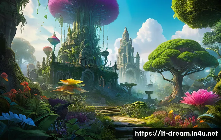 꿈의정원 사냥터 효율 정리 - A vibrant fantasy garden scene featuring the “Dream Garden” landscape filled with lush, colorful flo...