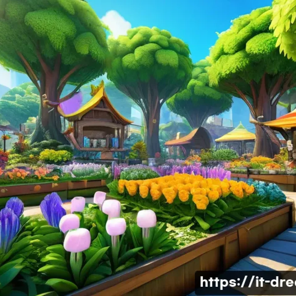 꿈의정원 경제 시스템과 인플레이션 - A vibrant virtual marketplace in Dream Garden, bustling with diverse players trading rare wood, prec...