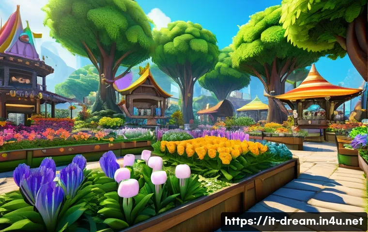 꿈의정원 경제 시스템과 인플레이션 - A vibrant virtual marketplace in Dream Garden, bustling with diverse players trading rare wood, prec...