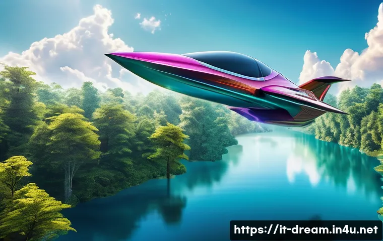꿈의정원 전용 탈것 목록 - A majestic flying vehicle soaring gracefully above a lush enchanted forest with sparkling lakes belo...