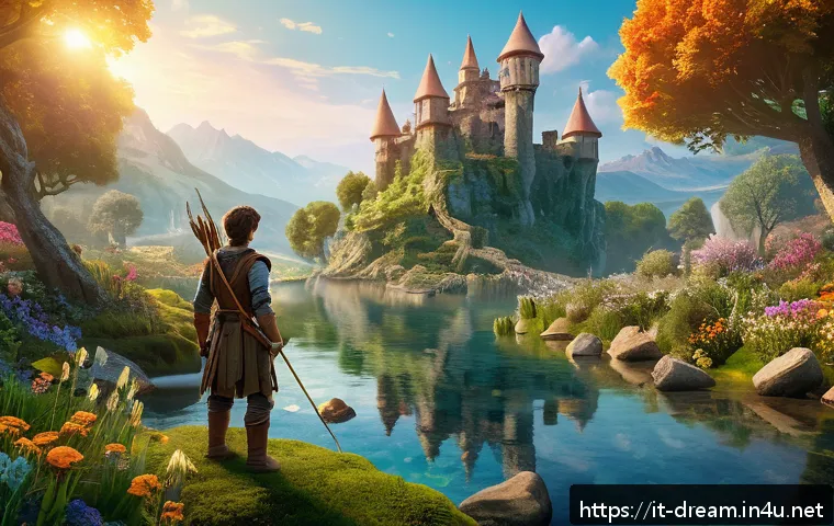 꿈의정원 MMORPG 초보자 Q A - A vibrant fantasy garden landscape at dawn, featuring a young adventurer wearing light armor and wie...