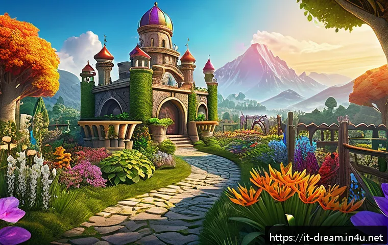 꿈의정원 월드 랭킹 올라가는 법 - A vibrant and detailed fantasy garden scene from Dream Garden game, showing a carefully organized ga...