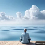 Home 21 꿈의정원 감정 표현 명령어 - A serene digital landscape representing calmness and relaxation: soft blue hues dominate the scene w...