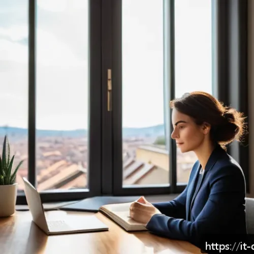 Home 32 꿈의정원 전직 조건과 선택 가이드 - A modern Italian workspace featuring a young professional woman thoughtfully reflecting on her passi...