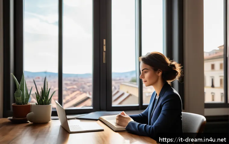 꿈의정원 전직 조건과 선택 가이드 - A modern Italian workspace featuring a young professional woman thoughtfully reflecting on her passi...